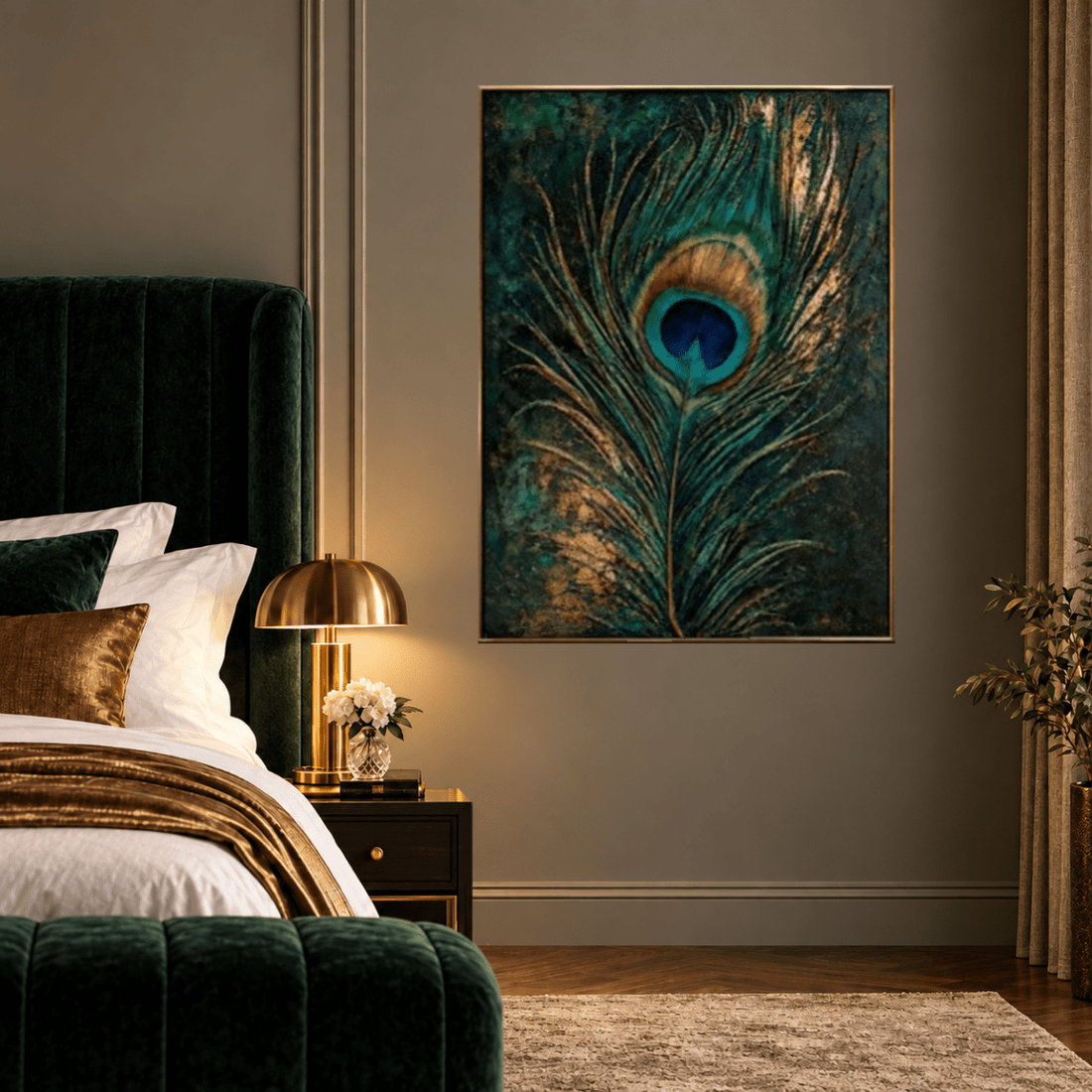 Peacock Wall Art – Oversized Emerald Green and Gold Feather Textured Look Canvas for Living Room - Sense for Decor