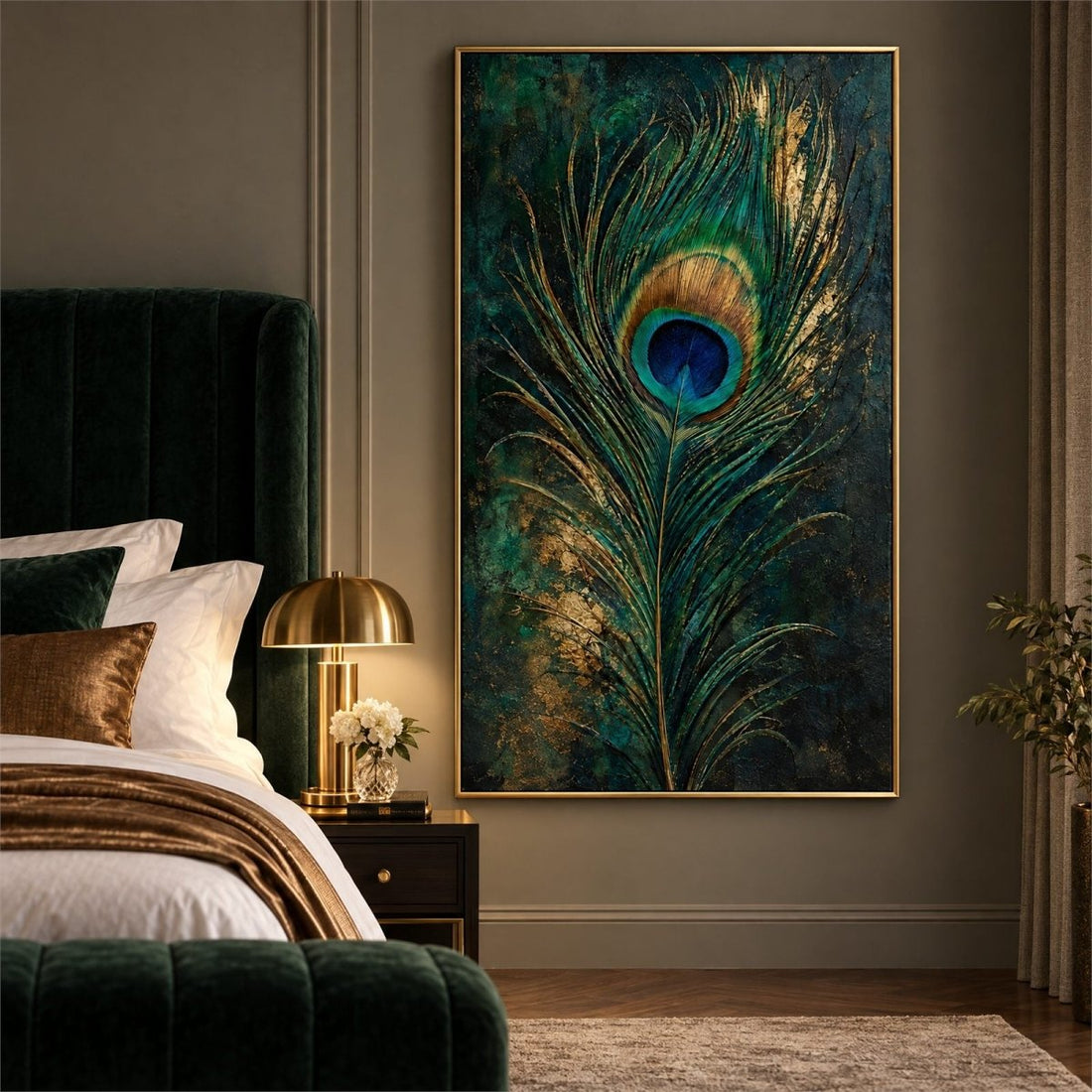 Peacock Wall Art – Oversized Emerald Green and Gold Feather Textured Look Canvas for Living Room - Sense for Decor