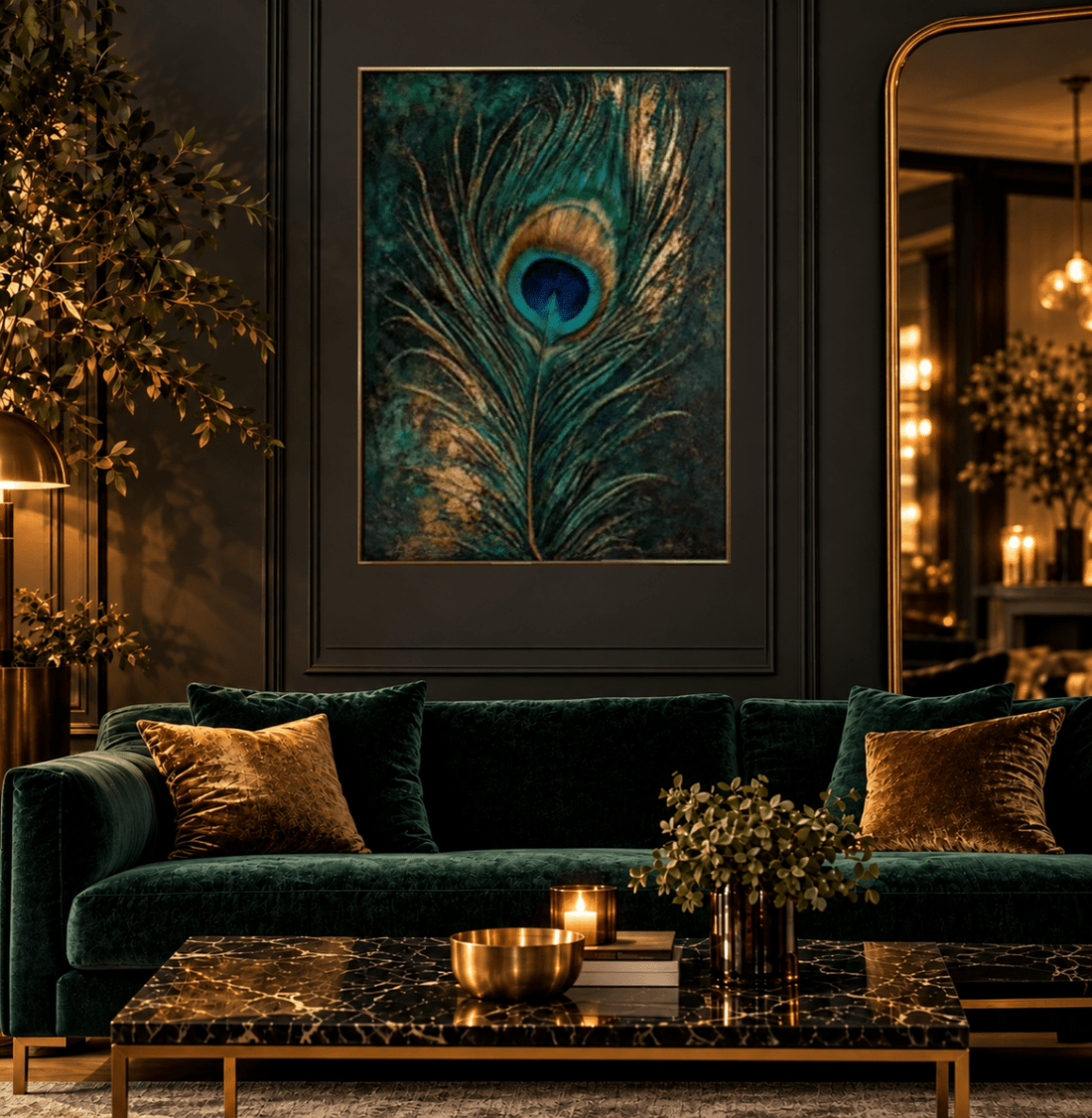 Peacock Wall Art – Oversized Emerald Green and Gold Feather Textured Look Canvas for Living Room - Sense for Decor