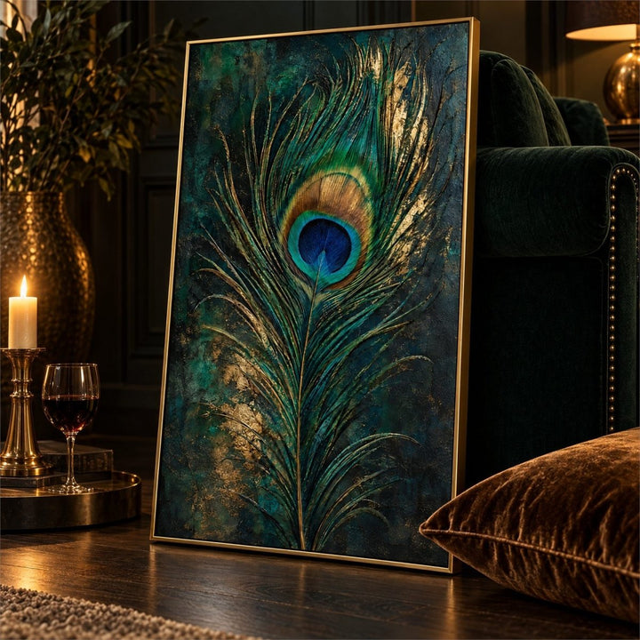 Peacock Wall Art – Oversized Emerald Green and Gold Feather Textured Look Canvas for Living Room - Sense for Decor