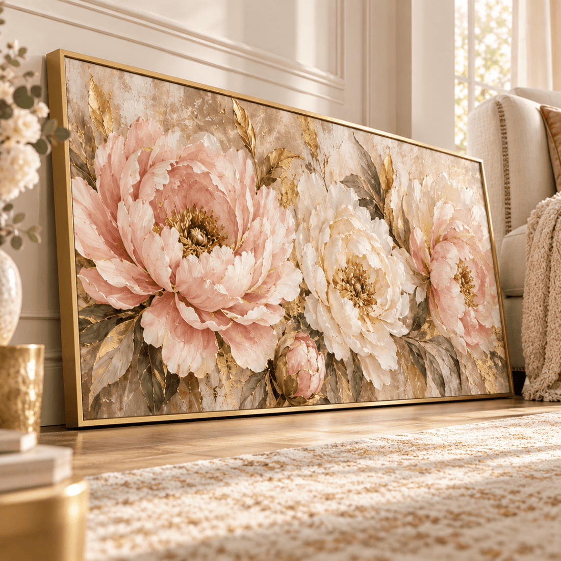 Pink and Gold Peony Wall Art – Oversized Panoramic Textured Look Canvas for Living Room - Sense for Decor