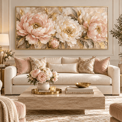 Pink and Gold Peony Wall Art – Oversized Panoramic Textured Look Canvas for Living Room - Sense for Decor
