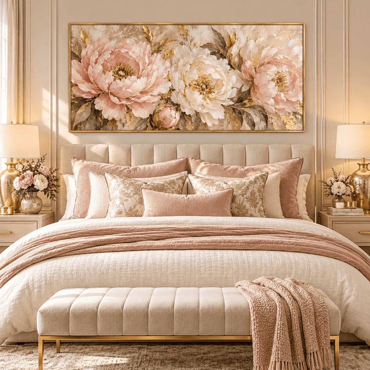 Pink and Gold Peony Wall Art – Oversized Panoramic Textured Look Canvas for Living Room - Sense for Decor