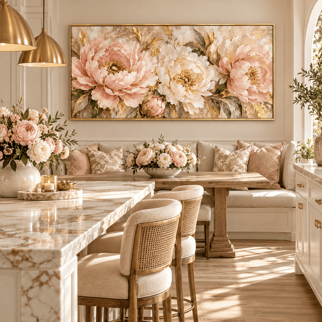 Pink and Gold Peony Wall Art – Oversized Panoramic Textured Look Canvas for Living Room - Sense for Decor
