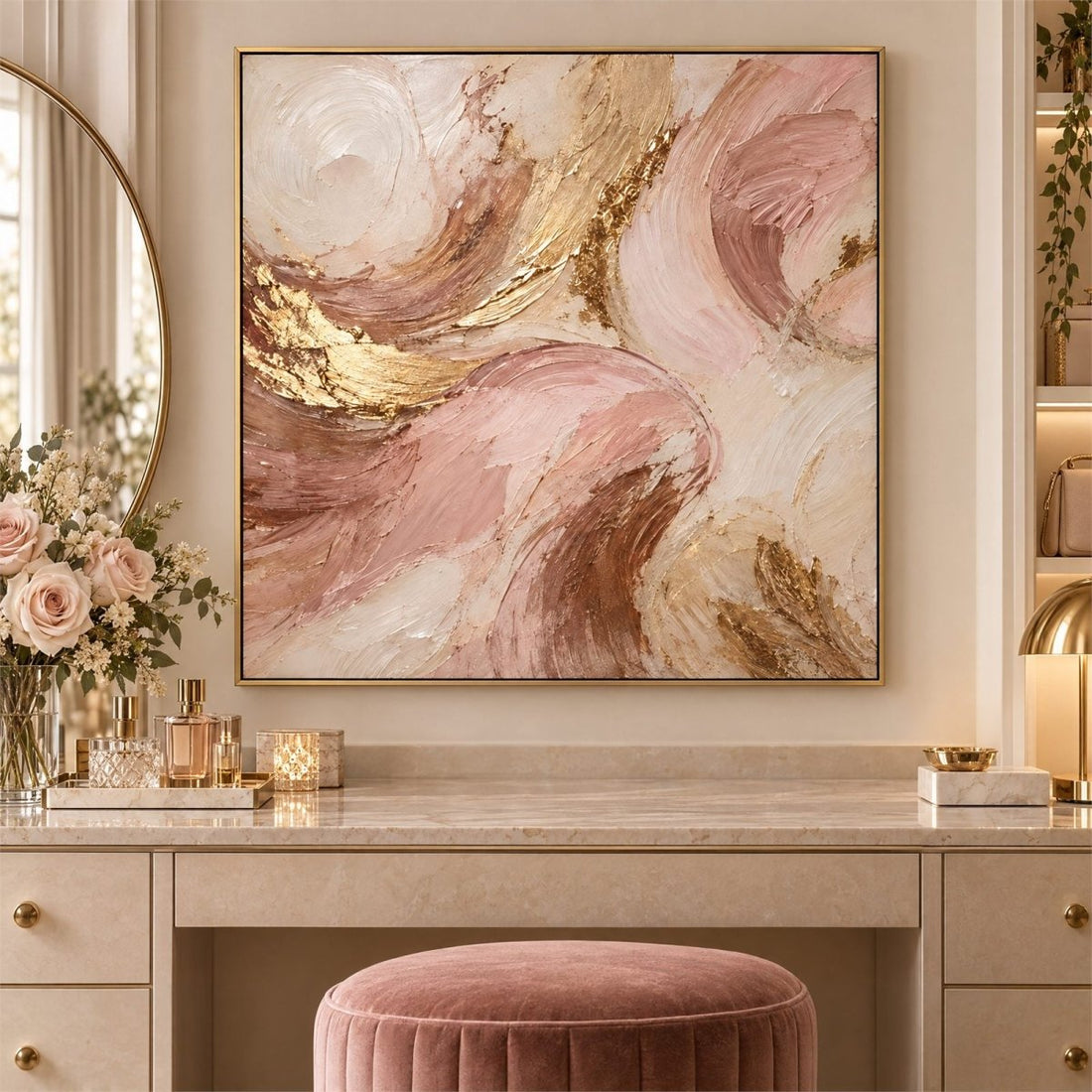 Pink and Gold Wall Art – Oversized Blush Abstract Brushstroke Textured Look Canvas for Living Room - Sense for Decor