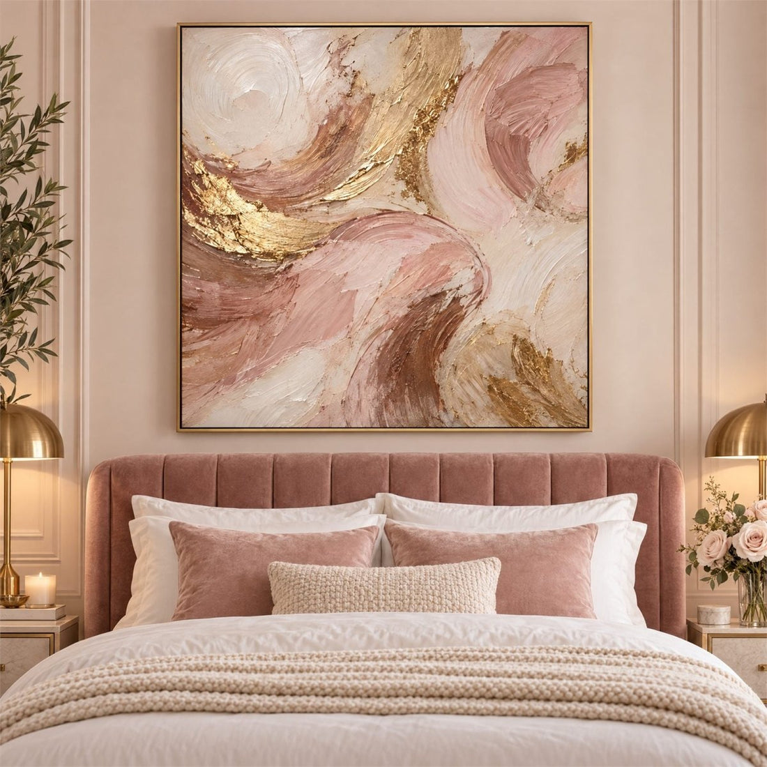 Pink and Gold Wall Art – Oversized Blush Abstract Brushstroke Textured Look Canvas for Living Room - Sense for Decor