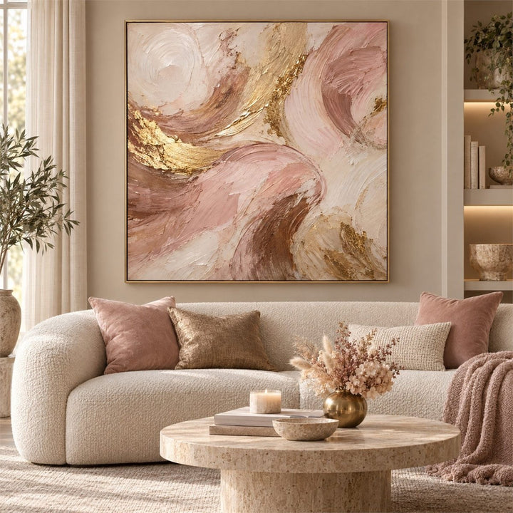 Pink and Gold Wall Art – Oversized Blush Abstract Brushstroke Textured Look Canvas for Living Room - Sense for Decor