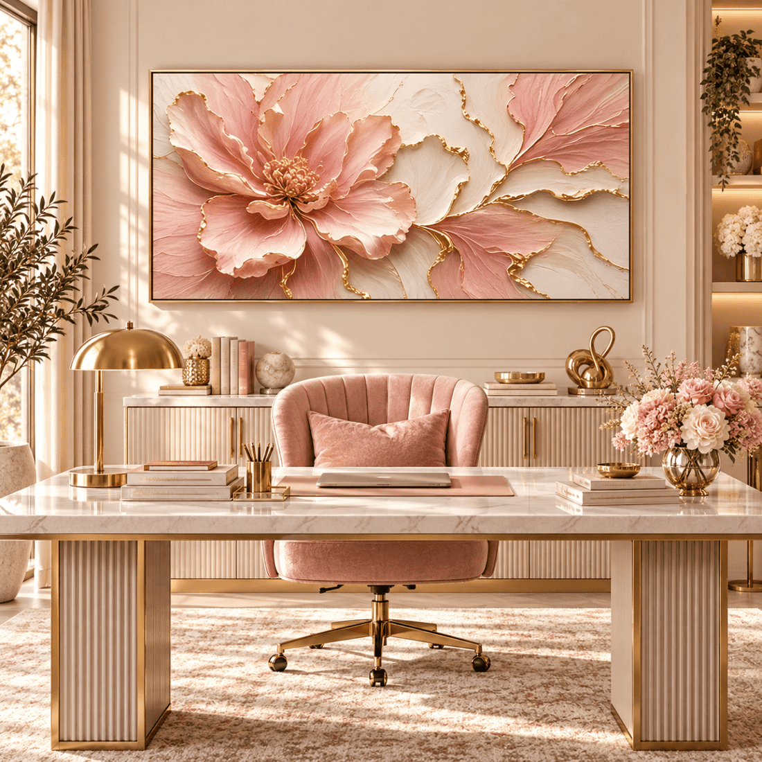 Pink Peony Wall Art – Oversized Panoramic Blush and Gold Leaf Bloom Textured Look Canvas for Bedroom - Sense for Decor