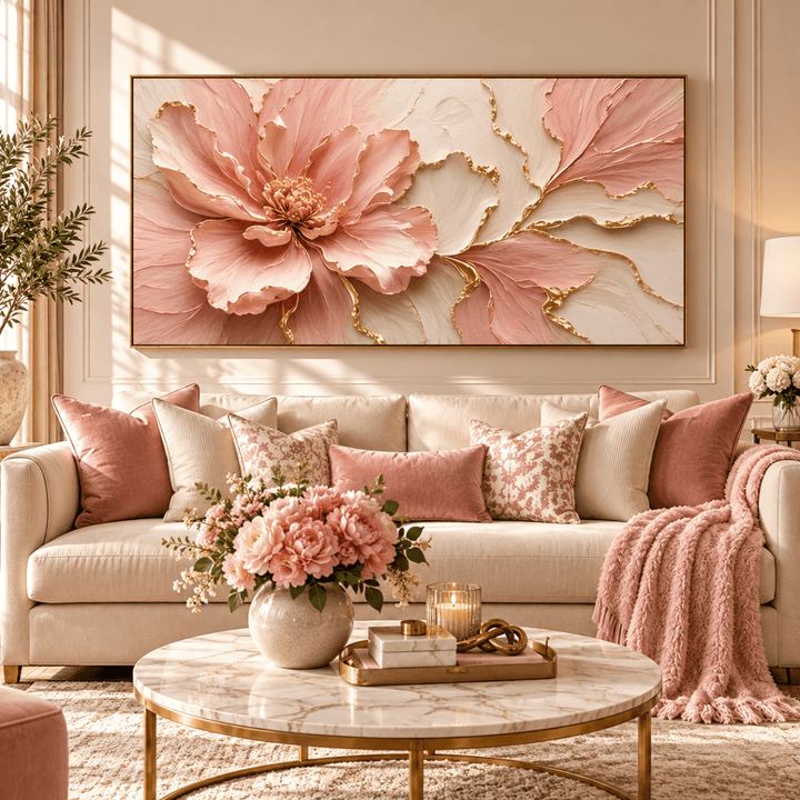Pink Peony Wall Art – Oversized Panoramic Blush and Gold Leaf Bloom Textured Look Canvas for Bedroom - Sense for Decor