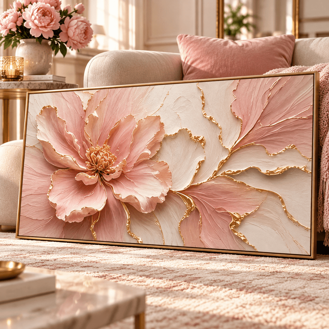 Pink Peony Wall Art – Oversized Panoramic Blush and Gold Leaf Bloom Textured Look Canvas for Bedroom - Sense for Decor