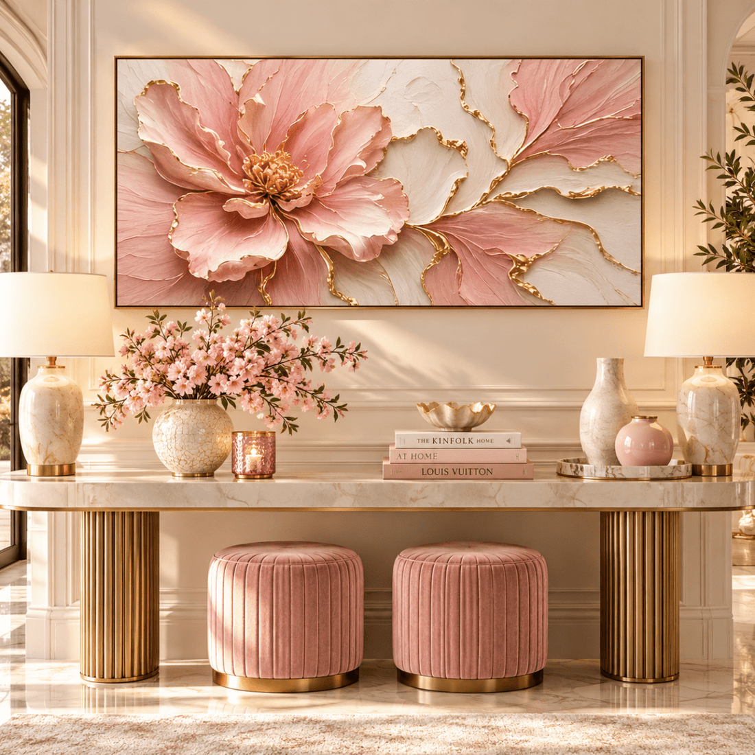 Pink Peony Wall Art – Oversized Panoramic Blush and Gold Leaf Bloom Textured Look Canvas for Bedroom - Sense for Decor