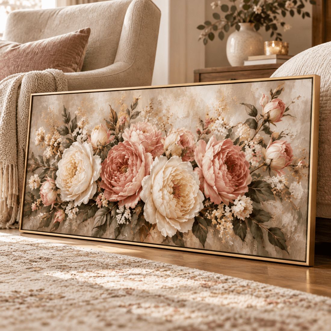 Pink Rose Wall Art – Oversized Panoramic Blush and Cream Garden Rose Textured Look Canvas for Living Room - Sense for Decor