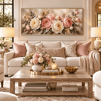 Pink Rose Wall Art – Oversized Panoramic Blush and Cream Garden Rose Textured Look Canvas for Living Room - Sense for Decor