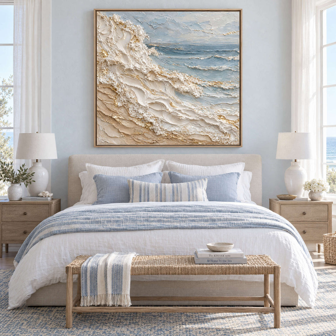Coastal wave canvas above a bed with blue striped linen