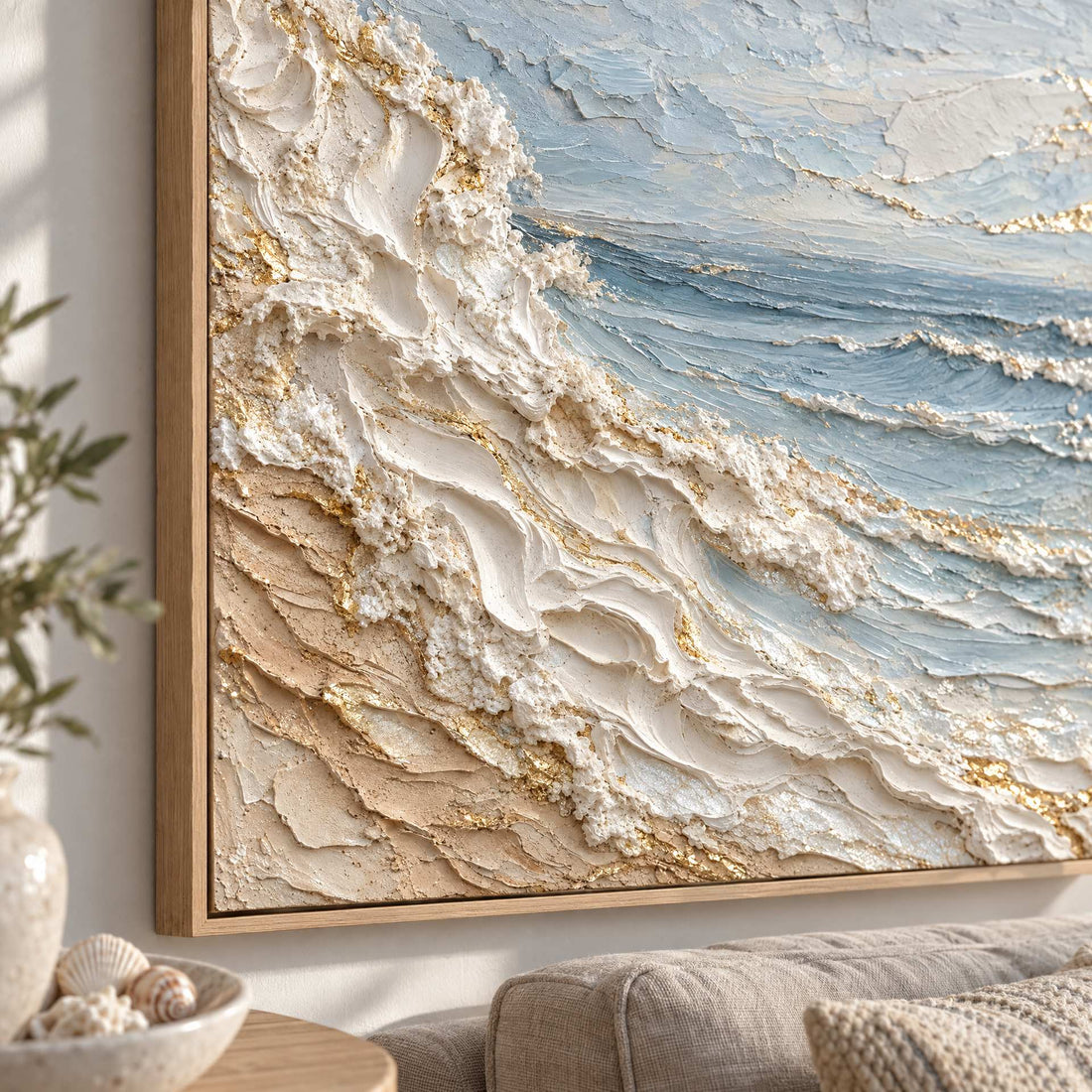 Close up of the thick white foam and the gold running through the surf