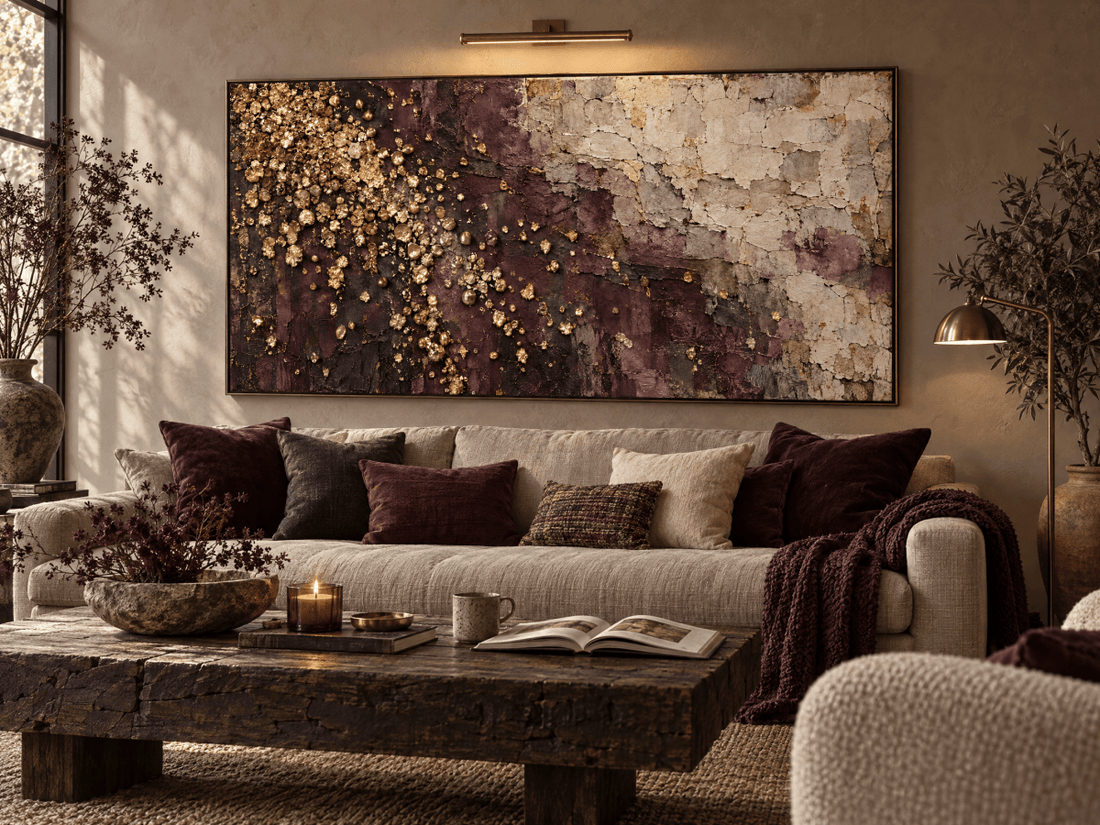 Plum and Gold Wall Art – Oversized Aubergine Textured Look Canvas with Gold Leaf for Living Room - Sense for Decor