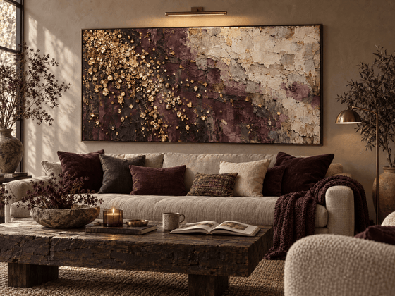 Plum and Gold Wall Art – Oversized Aubergine Textured Look Canvas with Gold Leaf for Living Room