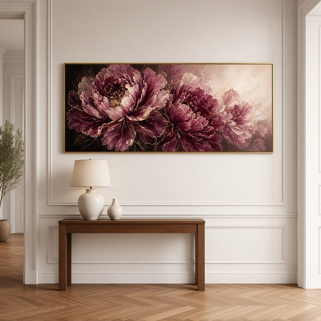 Plum Peony Wall Art – Oversized Panoramic Burgundy and Gold Textured Look Canvas for Living Room - Sense for Decor