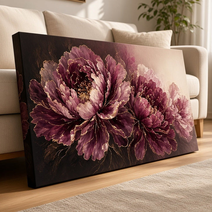 Plum Peony Wall Art – Oversized Panoramic Burgundy and Gold Textured Look Canvas for Living Room - Sense for Decor