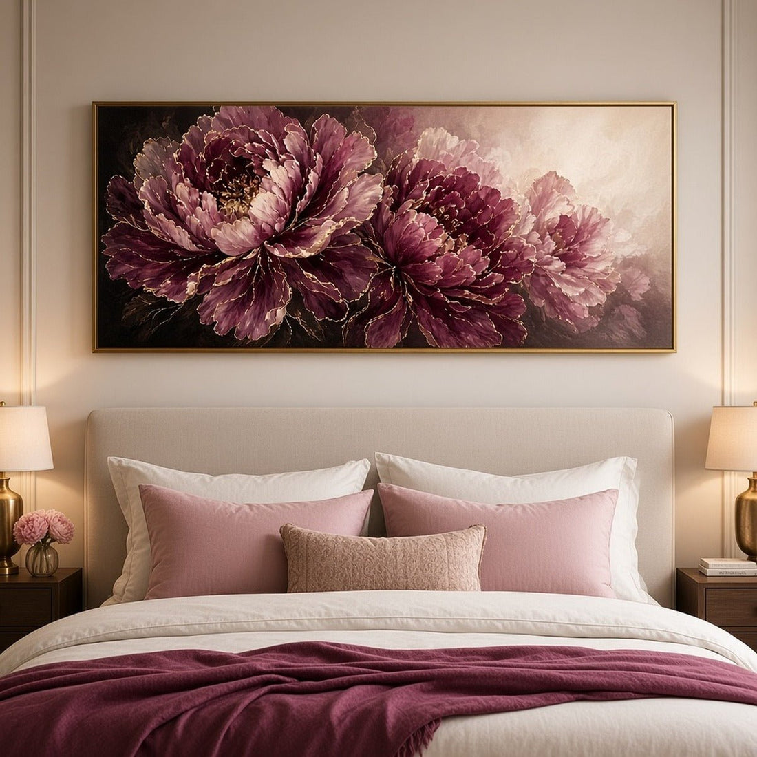 Plum Peony Wall Art – Oversized Panoramic Burgundy and Gold Textured Look Canvas for Living Room - Sense for Decor