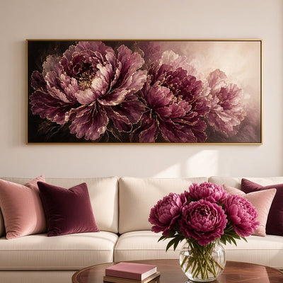 Plum Peony Wall Art – Oversized Panoramic Burgundy and Gold Textured Look Canvas for Living Room - Sense for Decor