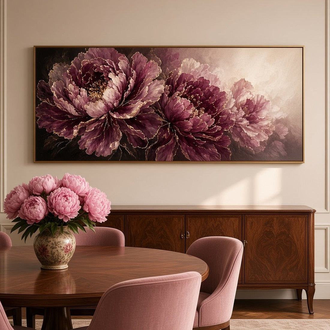 Plum Peony Wall Art – Oversized Panoramic Burgundy and Gold Textured Look Canvas for Living Room - Sense for Decor