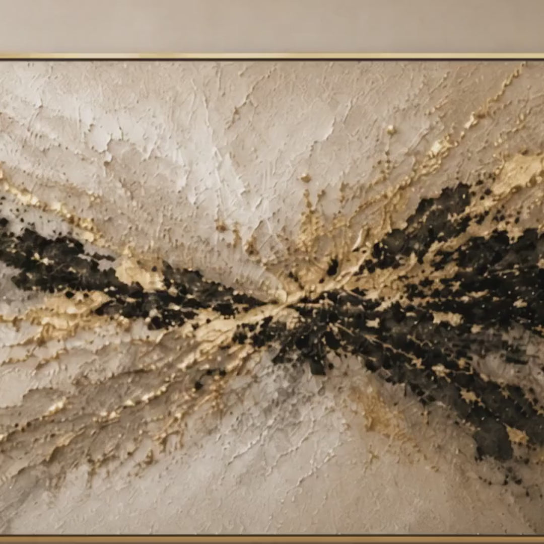 Hand Painted Gilded Burst Wall Art – Gold & Black Abstract Canvas