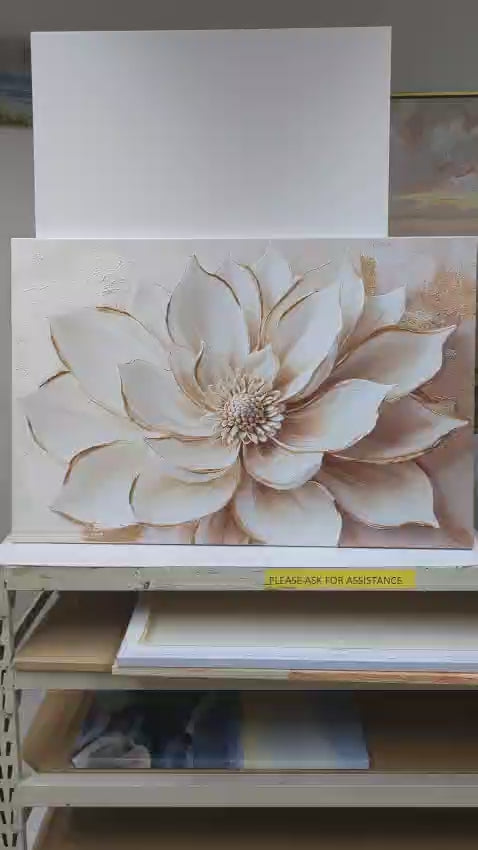 Luxury Flower Wall Art – Oversized Neutral Canvas with Beige and Gold Petals