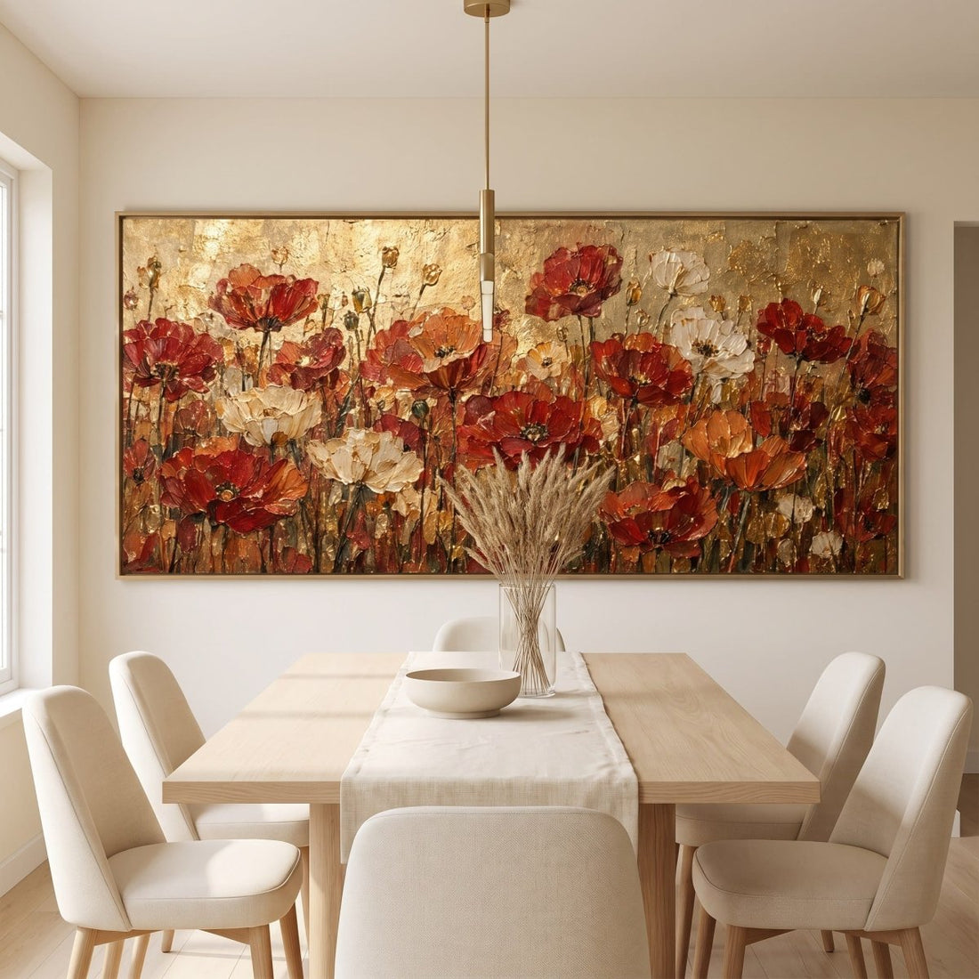Red Poppy Wall Art – Oversized Panoramic Gold Field Textured Look Canvas for Living Room - Sense for Decor