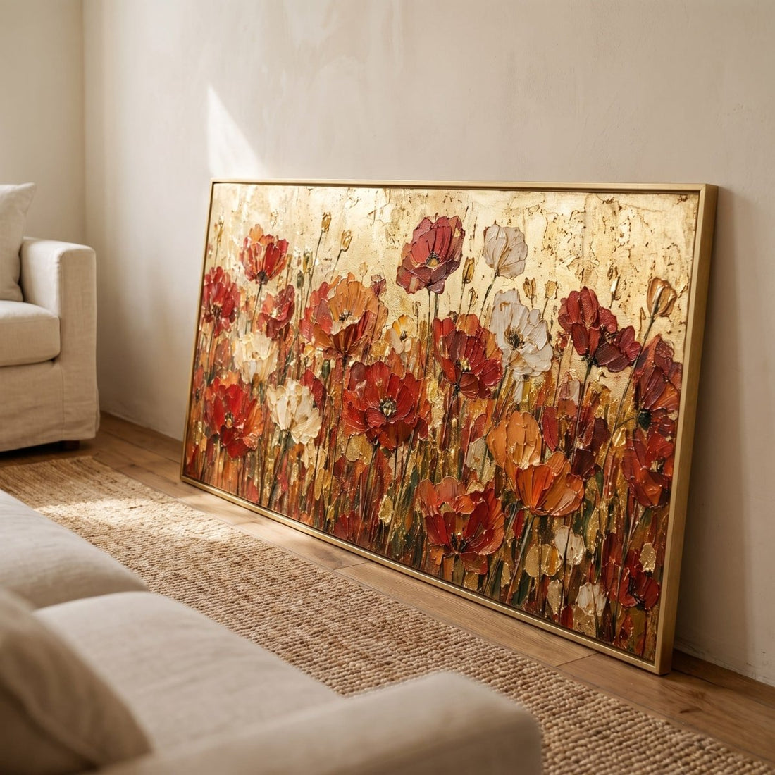 Red Poppy Wall Art – Oversized Panoramic Gold Field Textured Look Canvas for Living Room - Sense for Decor