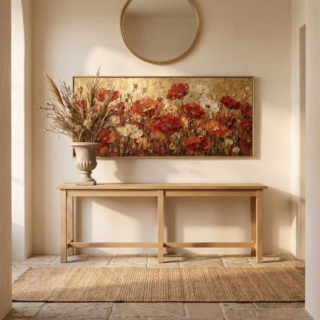 Red Poppy Wall Art – Oversized Panoramic Gold Field Textured Look Canvas for Living Room - Sense for Decor