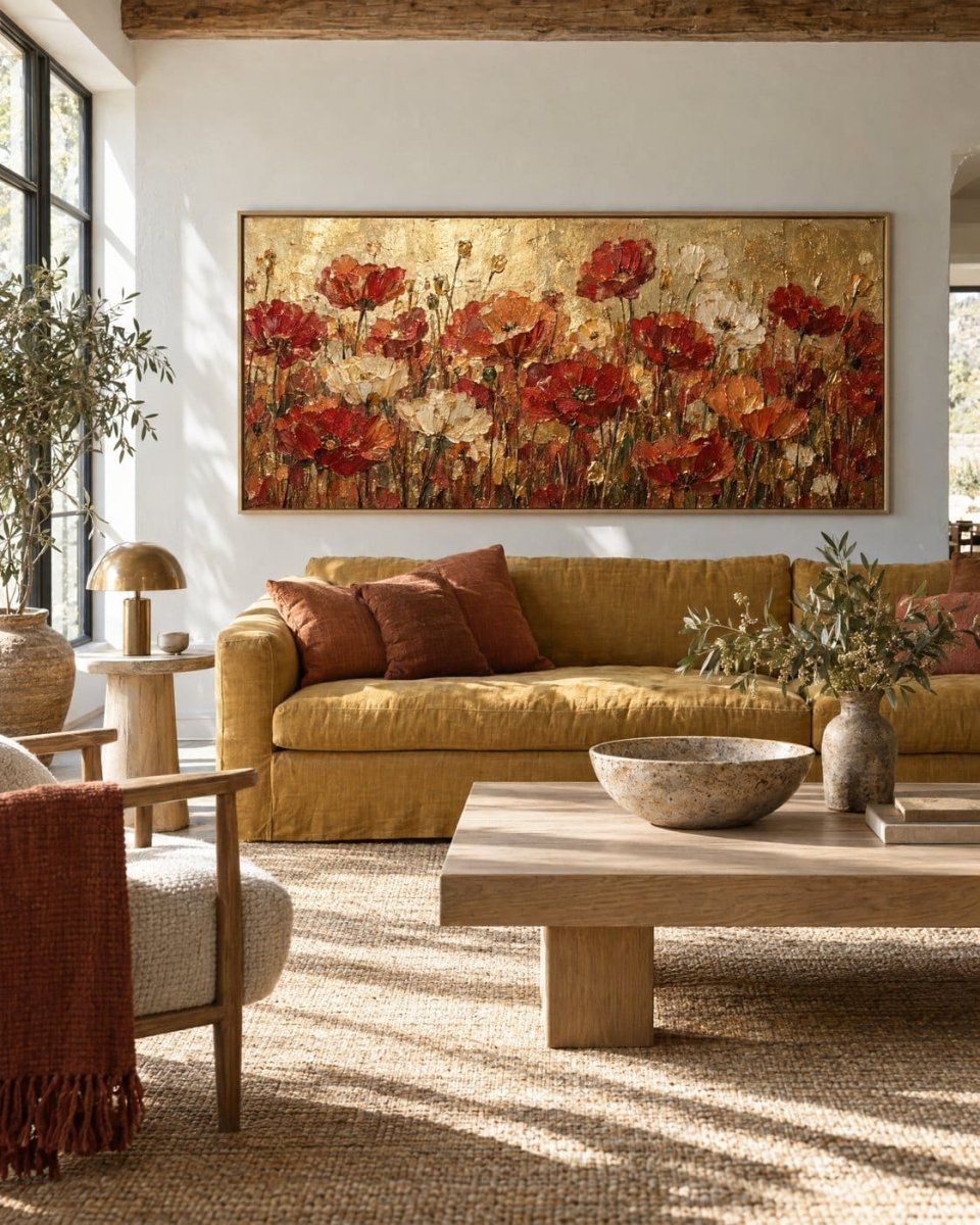 Red Poppy Wall Art – Oversized Panoramic Gold Field Textured Look Canvas for Living Room - Sense for Decor