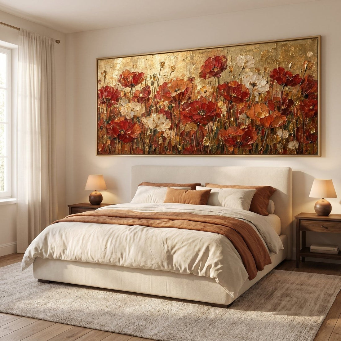 Red Poppy Wall Art – Oversized Panoramic Gold Field Textured Look Canvas for Living Room - Sense for Decor