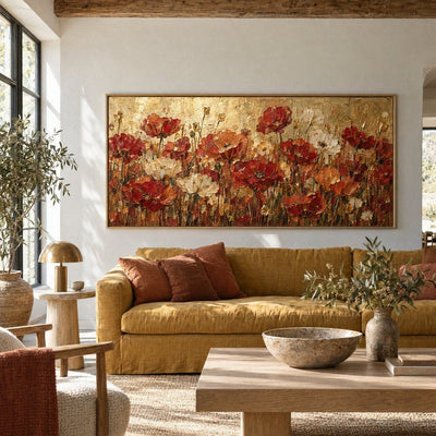 Red Poppy Wall Art – Oversized Panoramic Gold Field Textured Look Canvas for Living Room - Sense for Decor