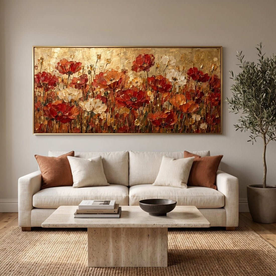 Red Poppy Wall Art – Oversized Panoramic Gold Field Textured Look Canvas for Living Room - Sense for Decor