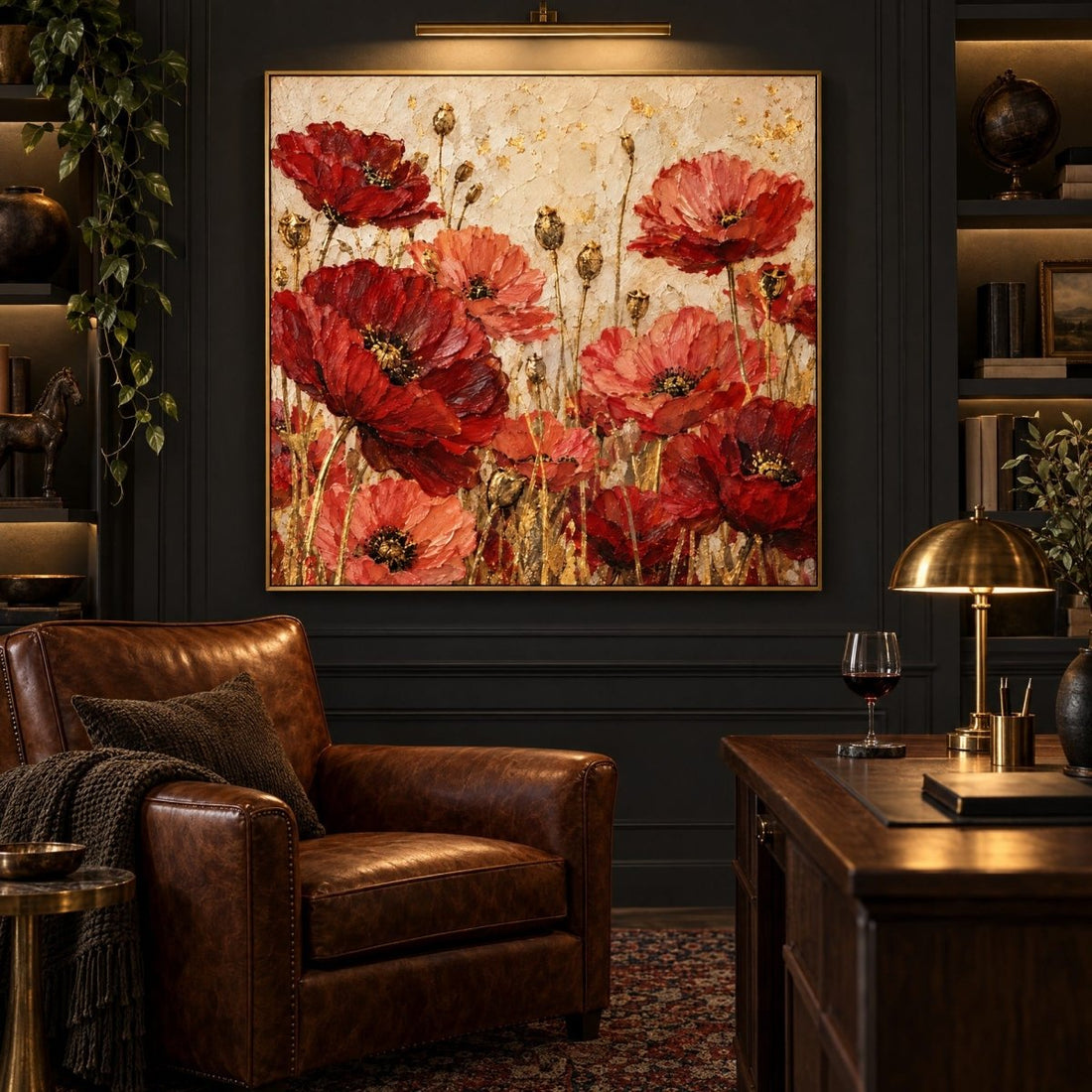 Red Poppy Wall Art – Oversized Poppy Meadow Gold Leaf Textured Look Canvas for Dining Room - Sense for Decor