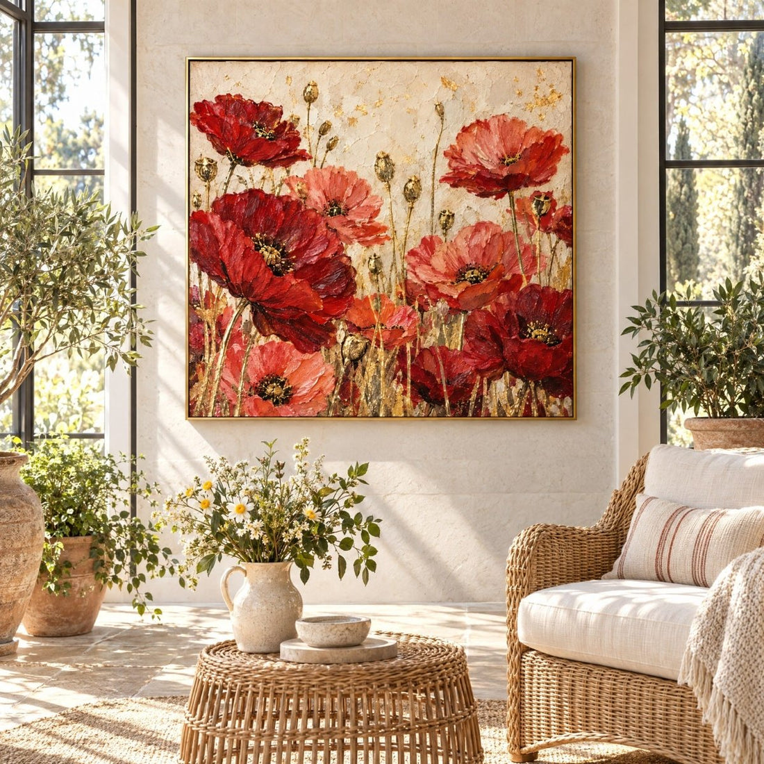 Red Poppy Wall Art – Oversized Poppy Meadow Gold Leaf Textured Look Canvas for Dining Room - Sense for Decor