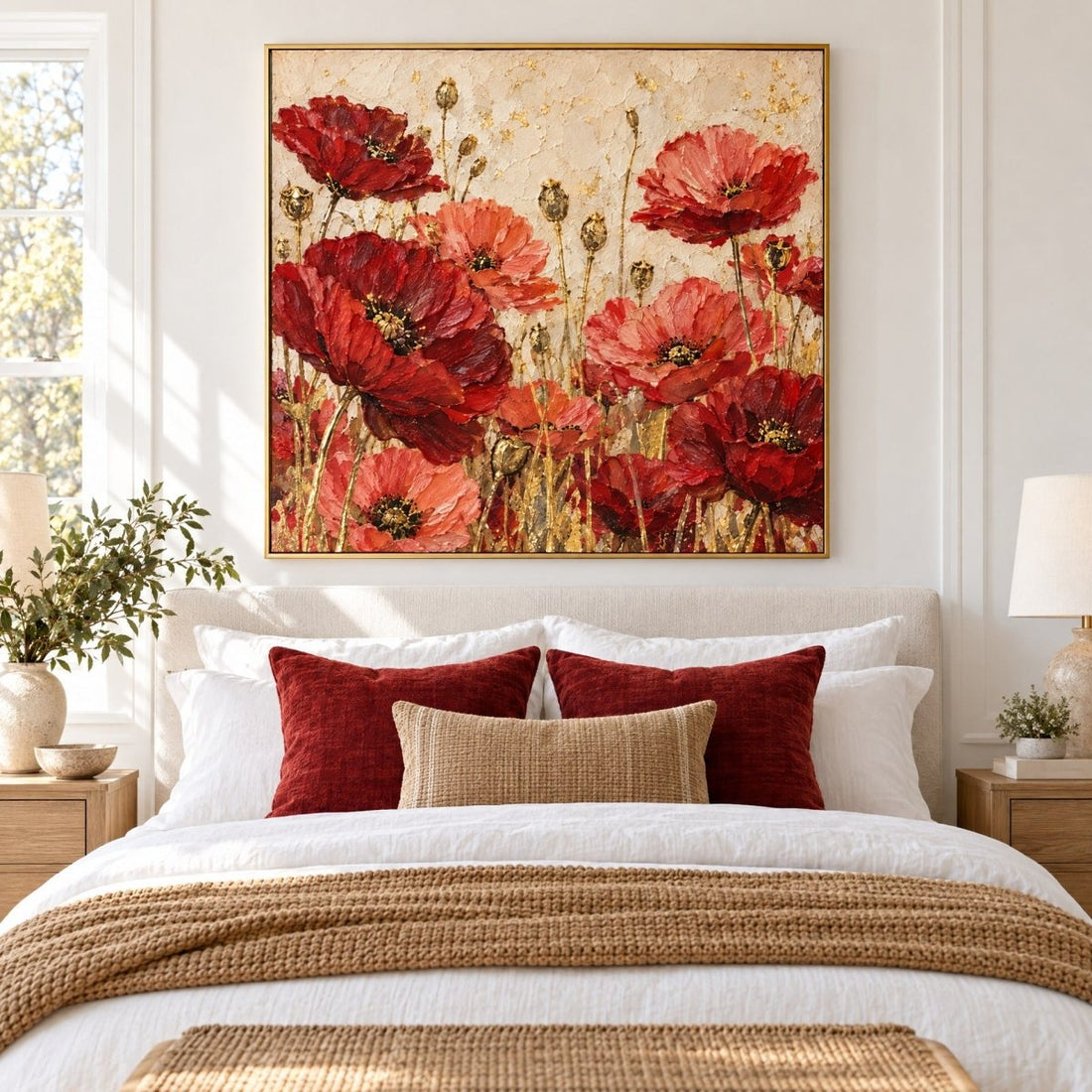 Red Poppy Wall Art – Oversized Poppy Meadow Gold Leaf Textured Look Canvas for Dining Room - Sense for Decor