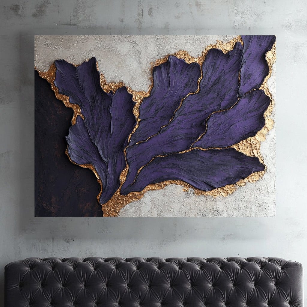Regal Violet Harmony - Elegant Gold & Purple Leaf Wall Art - Sense for Decor