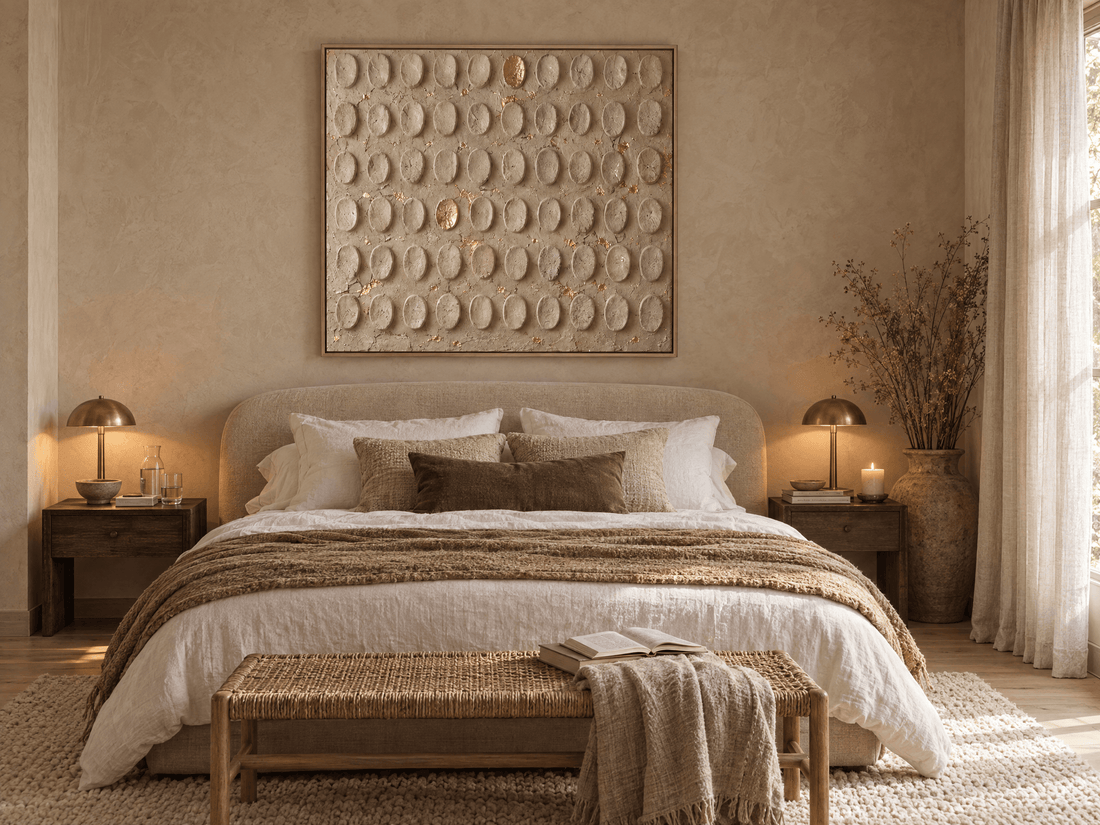 Pale embossed canvas above an upholstered bed in a neutral bedroom