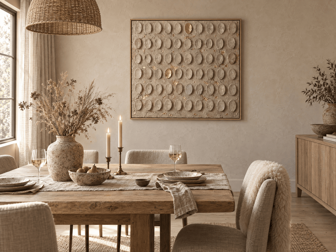 Beige and gold embossed canvas above an oak dining table