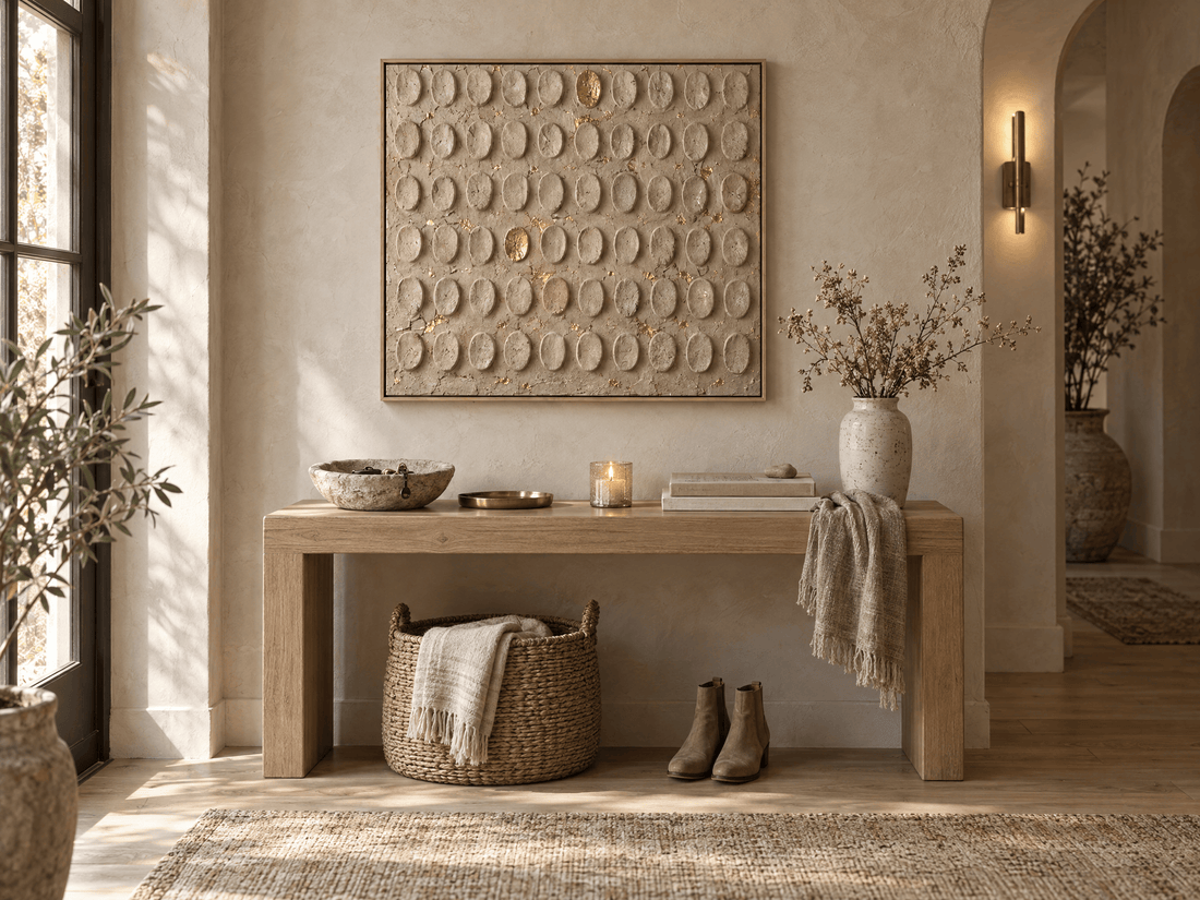 Embossed plaster canvas above a pale console table in an entryway