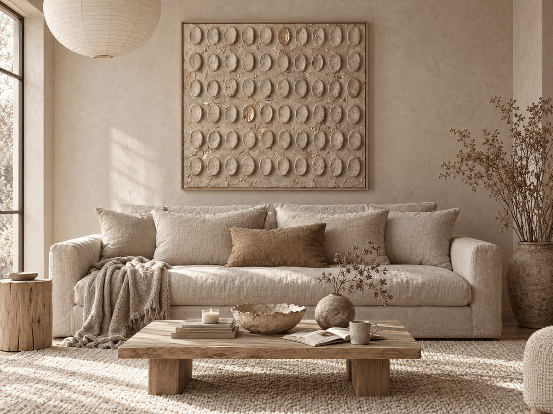 Beige embossed dome canvas with gold flecks above a linen sofa