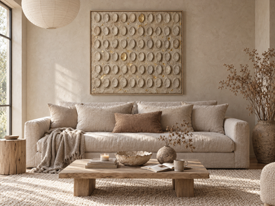 Beige embossed dome canvas with gold flecks above a linen sofa