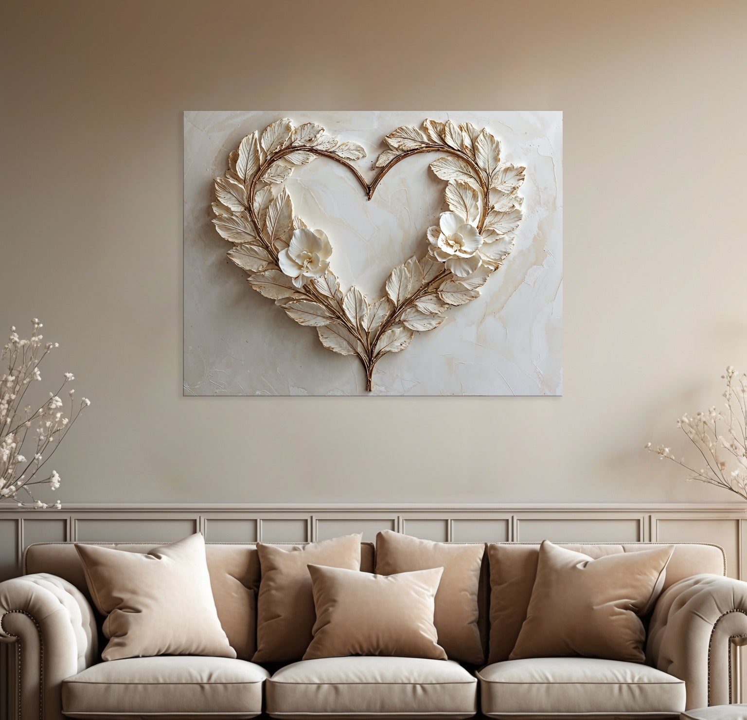 Romantic Leaf Heart Wall Art – Elegant Neutral Floral Canvas for Bedroom Decor - Sense for Decor