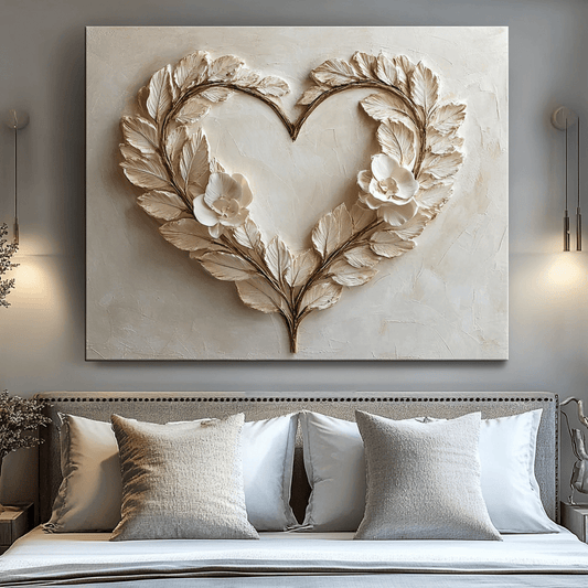Romantic Leaf Heart Wall Art – Elegant Neutral Floral Canvas for Bedroom Decor - Sense for Decor