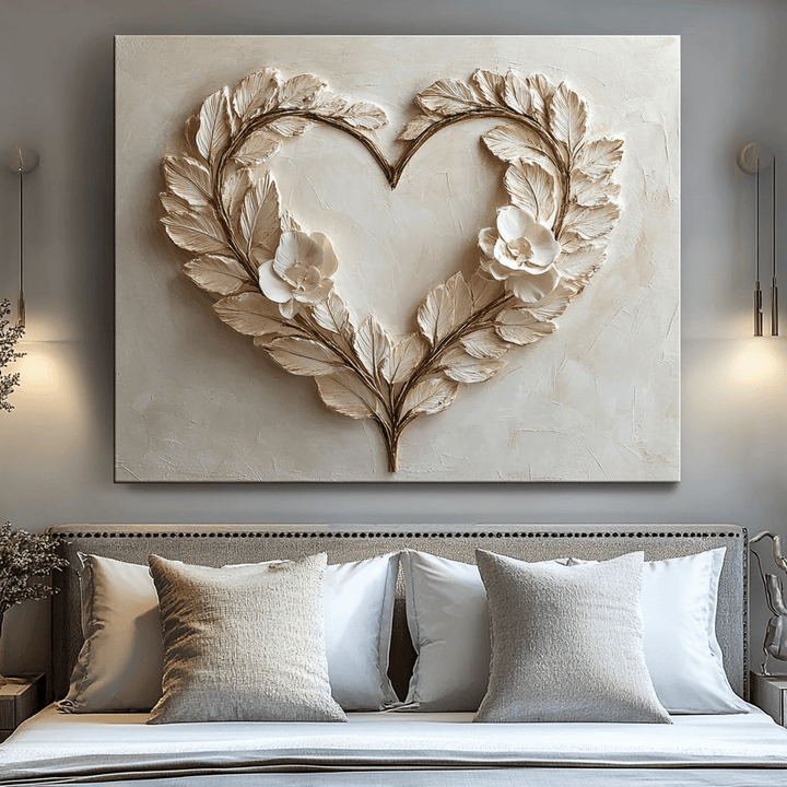 Romantic Leaf Heart Wall Art – Elegant Neutral Floral Canvas for Bedroom Decor - Sense for Decor