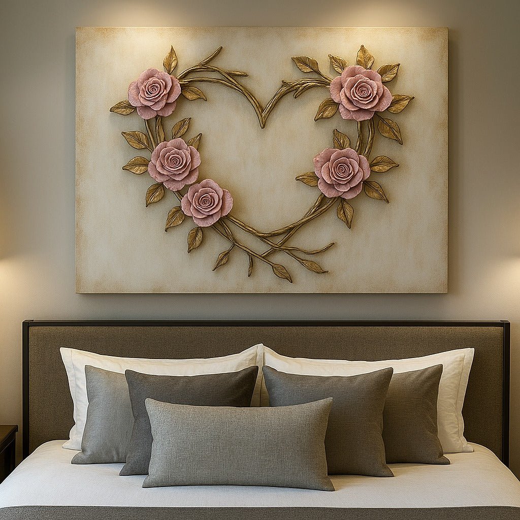 Romantic Rose Heart Wall Art – Elegant Floral Canvas for Bedroom Decor - Sense for Decor