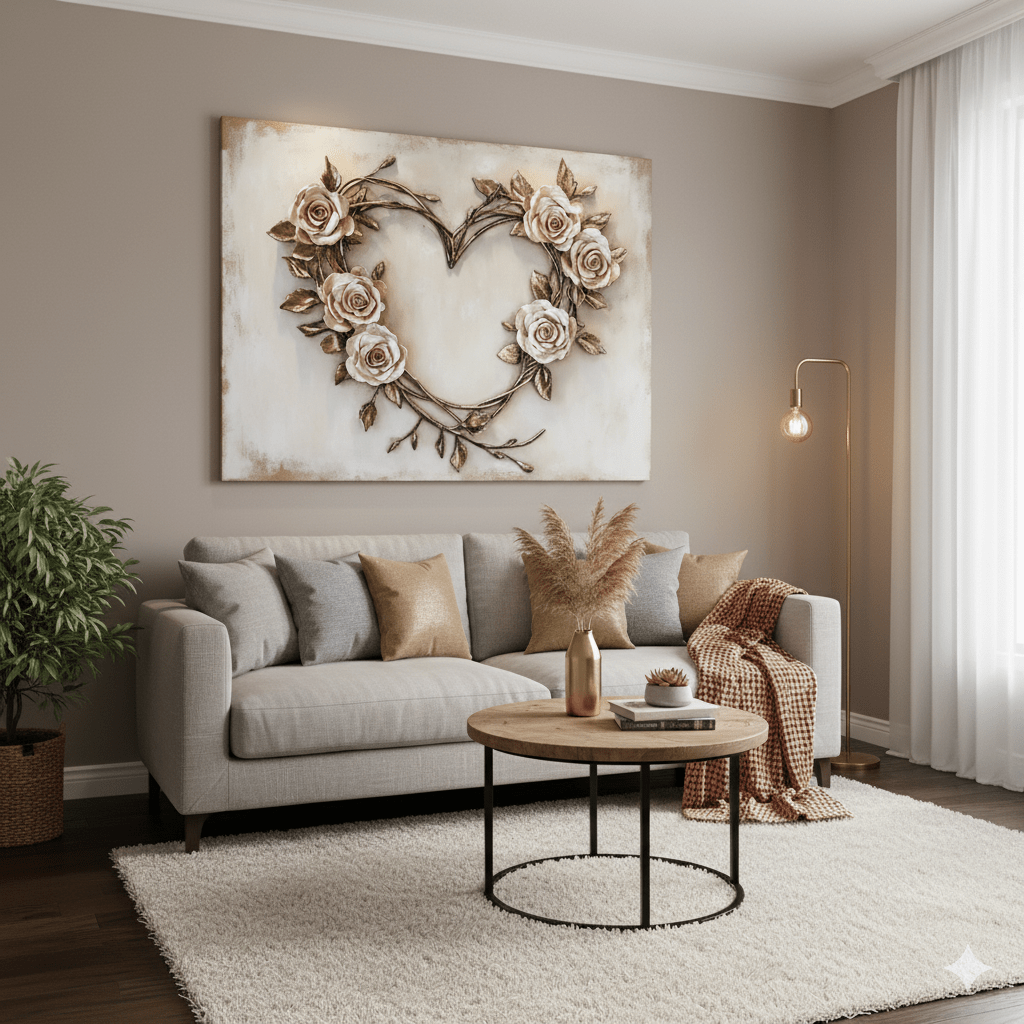 Romantic Rose Heart Wall Art – Elegant Floral Canvas for Bedroom Decor - Sense for Decor