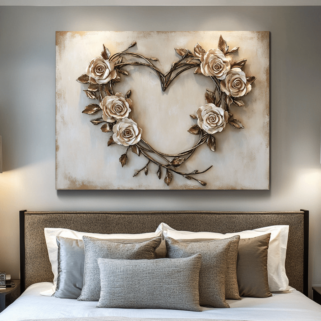 Romantic Rose Heart Wall Art – Elegant Floral Canvas for Bedroom Decor - Sense for Decor